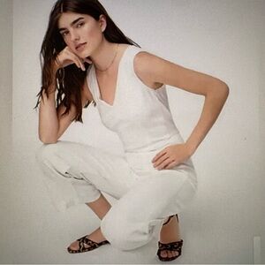 J.Crew V-Neck Denim Wide Leg Cropped Jumpsuit White Denim Cotton Size 4